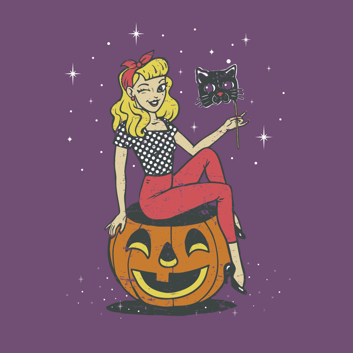 Vintage-style illustration of a blonde girl in a polka dot top, sitting on a smiling jack-o’lantern, holding a black cat mask, against a purple starry background.