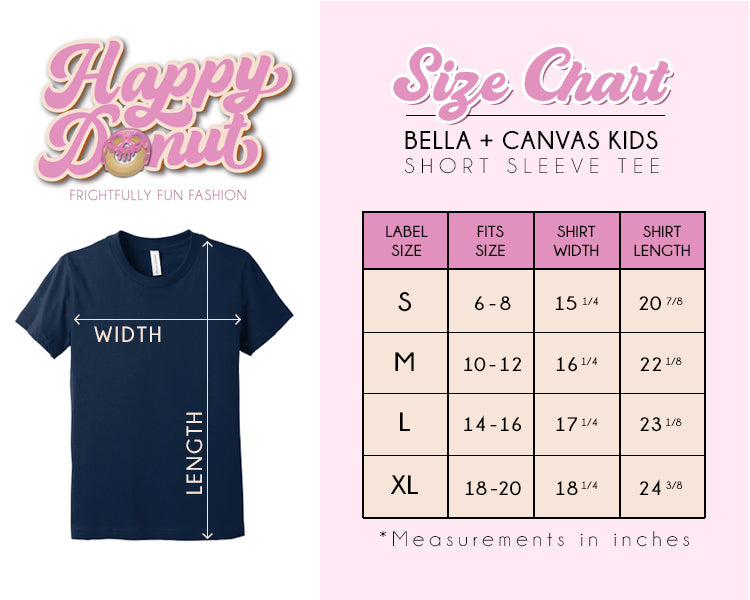 Size chart for Bella + Canvas Kids short sleeve tee with label and fit sizes from S to XL.
