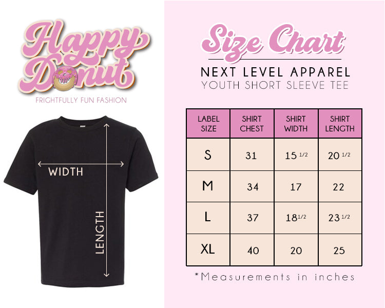 Size chart for Next Level Apparel youth short sleeve tee, listing measurements for small, medium, large, and extra-large sizes.