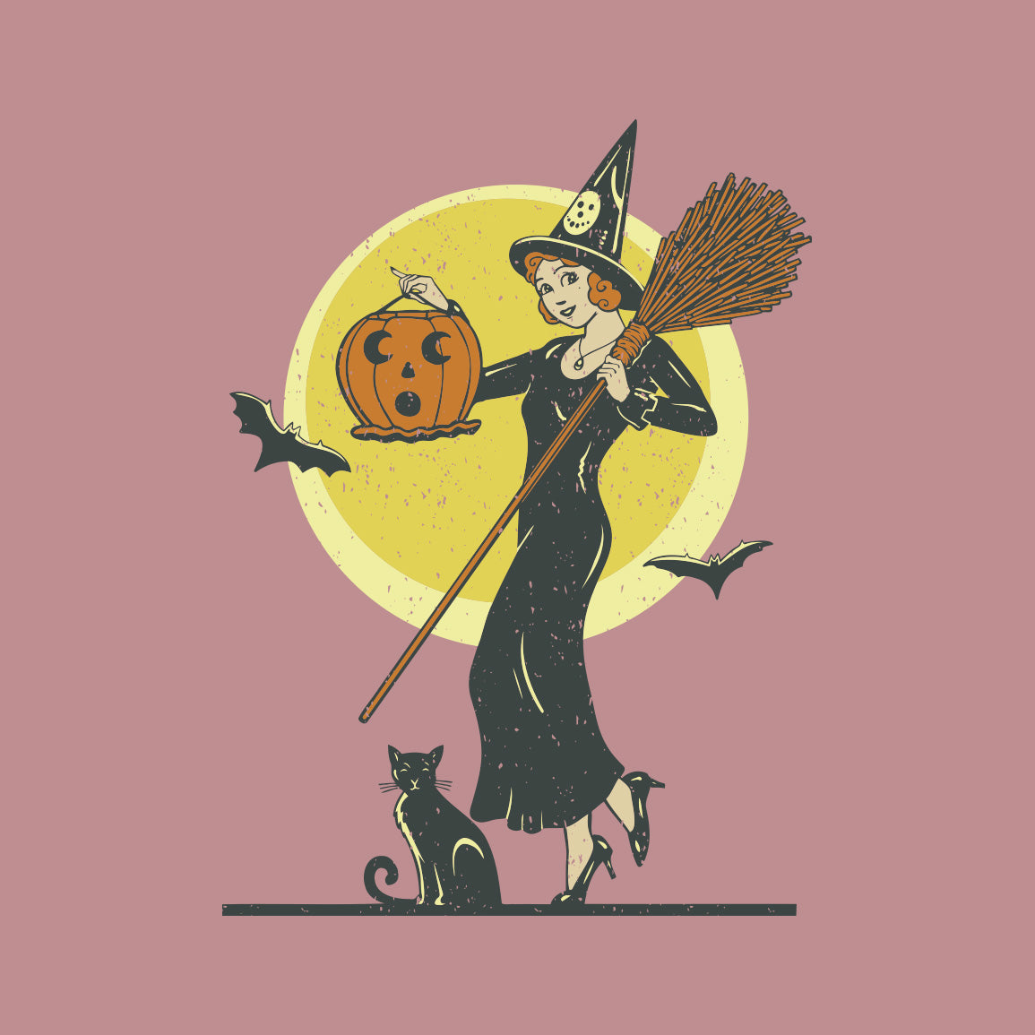 Detailed artwork on Happy Donut's T-shirt featuring a charming witch holding a Jack-O-Lantern with a black cat against a full moon, capturing the spirit of Halloween.