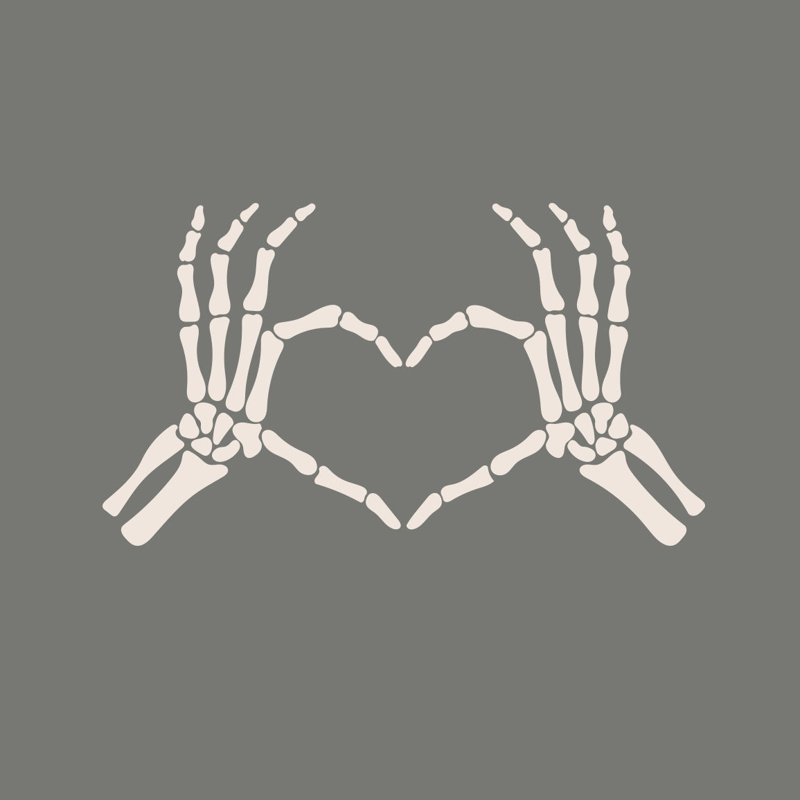 Graphic detail of white skeleton hands forming a heart on the gray fabric of the T-shirt.