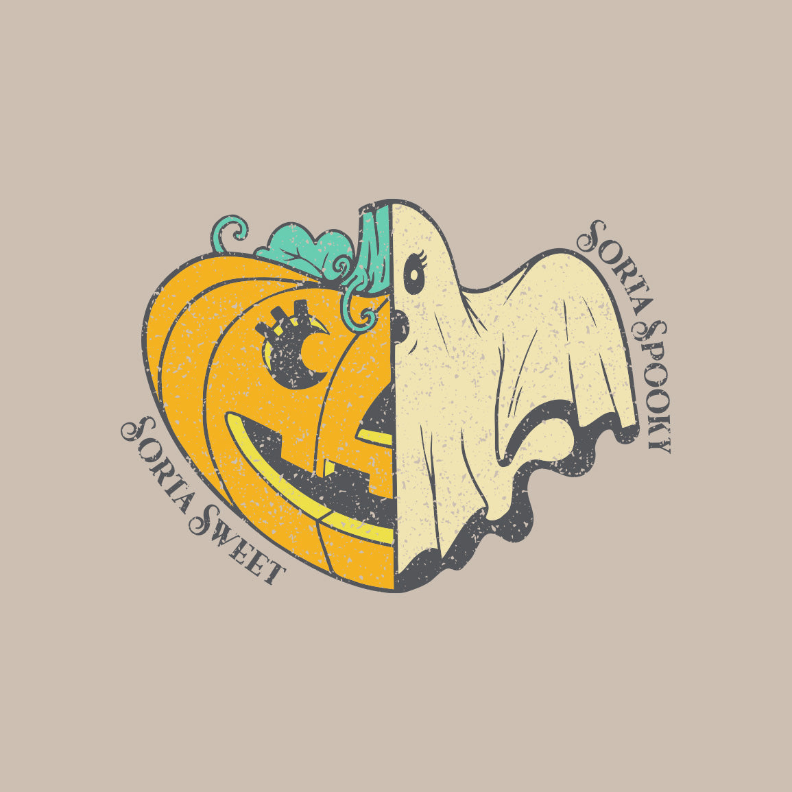 Close-up of the 'Sorta Sweet Sorta Spooky' graphic showing a cheerful ghost emerging from a pumpkin.