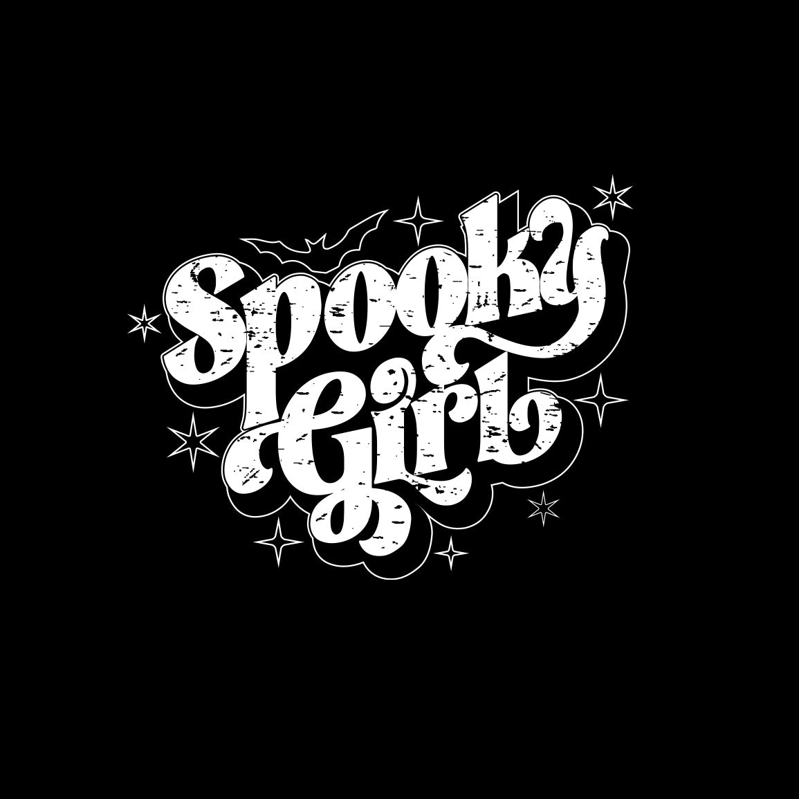 Close-up of 'Spooky Girl' white lettering on a black t-shirt graphic.