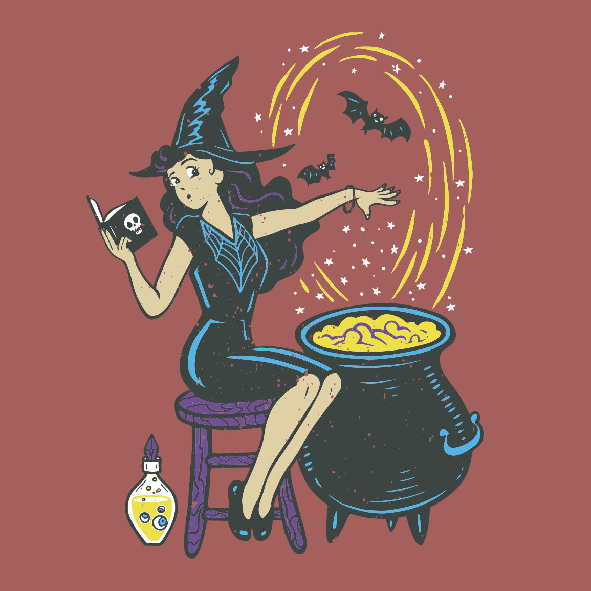 Detailed graphic of 'The Potion Maker' showing a witch brewing a potion with bats flying around, set on a mauve background.